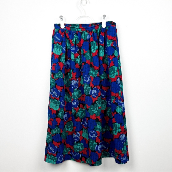 Vintage Blue and Red Floral Mid Length Skirt - Picture 1 of 6